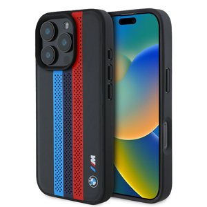 BMW MagSafe perforovaný kryt M s trikolórou a potlačenými pruhmi pre iPhone 16 Pro Max – Čierny KF2345355