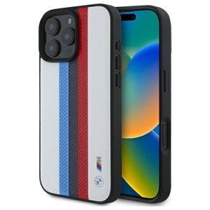 BMW MagSafe perforovaný kryt M s trikolórou a potlačenými pruhmi pre iPhone 16 Pro Max – Biely KF2345356