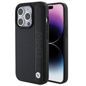 BMW Kryt z prírodnej kože s textúrou a pruhom pre iPhone 15 Pro – čierny KF2345375