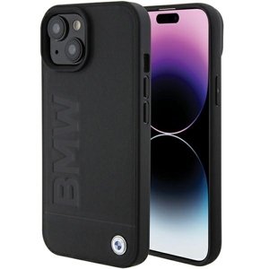 BMW kožený Natural Leather Hot Stamp kryt na iPhone 15 Plus – čierny KF2345376