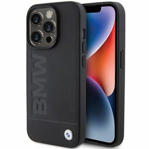 BMW Kryt z prírodnej kože s lisovanou potlačou pre iPhone 15 Pro – čierny KF2345382