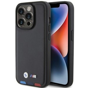 BMW kožený Stamp Tricolor kryt na iPhone 15 Pro – čierny KF2345407