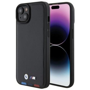BMW kožený Stamp Tricolor kryt na iPhone 15 Plus – čierny KF2345408