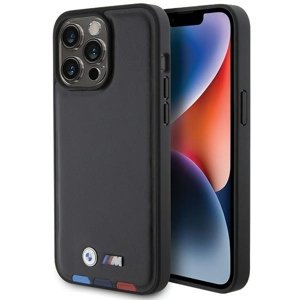 BMW kožený Stamp Tricolor kryt na iPhone 15 Pro Max – čierny KF2345409