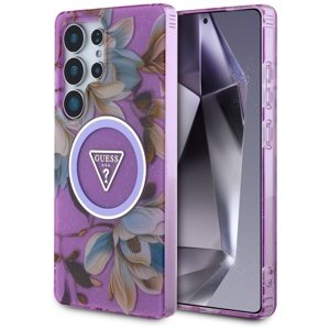 Guess – IML Metal Glitter Flowers Triangle MagSafe ochranný kryt pre Samsung Galaxy S25 Ultra – purpurový KF2345892