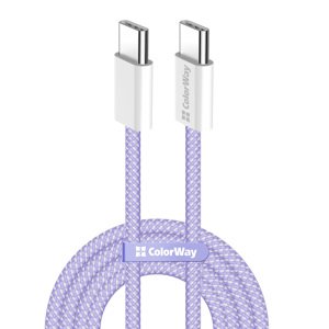 ColorWay – dátový kábel pre MacBook Pro, Type-C na Type-C, PD rýchle nabíjanie 60 W, 3 A, nylon, 1 m – fialový KF2347558