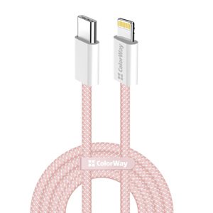 ColorWay – dátový kábel Type-C na Lightning, PD 27 W, 3 A, 480 Mbps, nylon, 1 m – ružový KF2347561