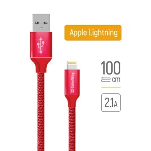 ColorWay – dátový kábel USB 2.0 na Lightning, nabíjanie a synchronizácia, nylon, 2,1 A, 480 Mbps, 1 m – červený KF2347574