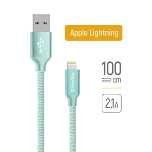 ColorWay – dátový kábel USB 2.0 na Lightning, nabíjanie a synchronizácia, nylon, 2,1 A, 480 Mbps, 1 m – mentolový KF2347575