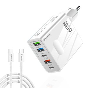 Techsuit – prémiová sieťová nabíjačka PentaXPower, 3× USB, 2× Type-C PD (25 W, 65 W), GaN, vrátane Type-C kábla 1 m – biela KF2347658