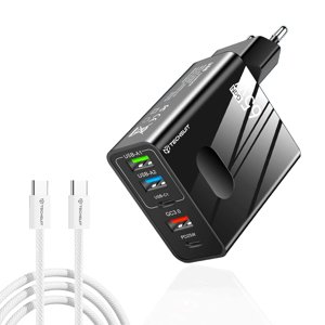 Techsuit – prémiová sieťová nabíjačka PentaXPower, 3× USB, 2× Type-C PD (25 W, 65 W), GaN, vrátane Type-C kábla 1 m – čierna KF2347660