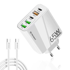 Techsuit – prémiová sieťová nabíjačka PentaXPower, 3× USB QC 3.0, 2× Type-C PD (20 W, 65 W), vrátane Type-C kábla 1 m – biela KF2347662