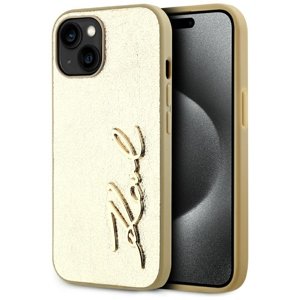 Karl Lagerfeld – Hardcase Leather – ochranný kryt pre iPhone 15 – zlatý (Gold Metal Signature) KF2348061