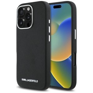 Karl Lagerfeld - Saffiano Full Wrapped MagSafe puzdro s predĺženým kovovým logom pre iPhone 16 Pro Max - čierne KF2354595