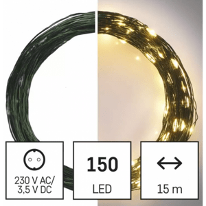 LED svetelný reťaz, vhodný do interiéru aj exteriéru, nano LED, 15 m, teplá biela, so zákrutným spínačom, IP44