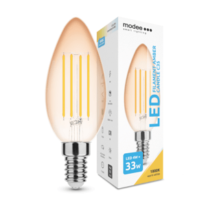 LED žiarovka , vláknová , filament , pätica E14 , C35 , Edison , 4W, teplá biela , 1800K , jantárová žltá , Modee