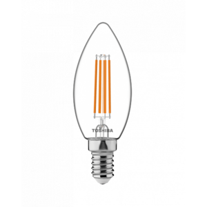 LED svietidlo , žiarovka ,vláknový efekt , filament , sviečka , E14 pätica , 4.5 Watt , teplá biela, TOSHIBA , 5 rokov záruky