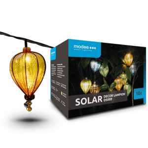 LED svetelný reťazec, solárny, farebné lampióny, 10 LED, 4,9 m, teplá biela, IP44, Modee