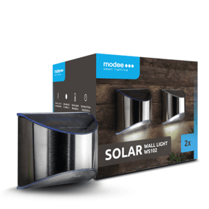 LED svietidlový set, 2 kusy, solárne, stenové, osvetlenie schodiska, studená biela, oceľové, IP44, Modee